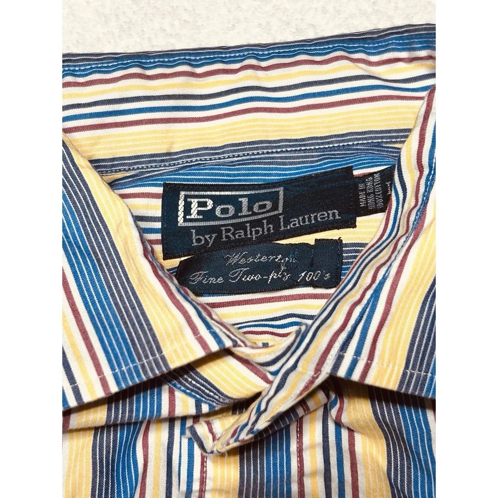 Polo Ralph Lauren Westerton Shirt Men's L Blue Yellow Stripe Two Ply Cotton VTG